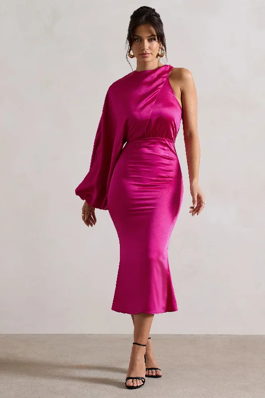 Women's Cap-Sleeve DressesNola | Dark Pink Satin One-Sleeve Midi Dress