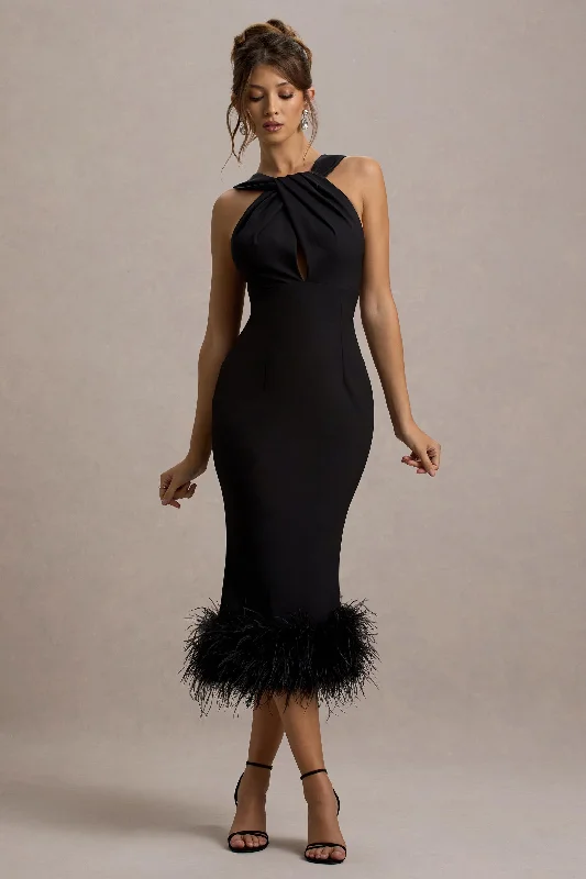 Women's Wrap DressesTitania | Black Twist-Neck Feather Hem Midi Dress