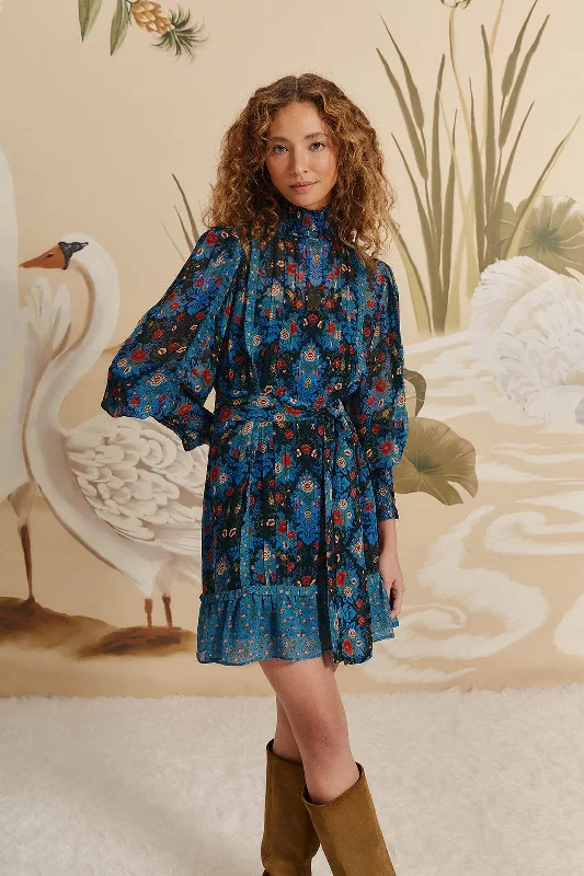 Women's Off-Shoulder DressesArabesque Floral Blue High Neck Mini Dress