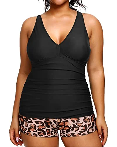 Women's Plus Size Athletic Swimwear Shorts 2 Piece Bathing Suit-Black And Leopard