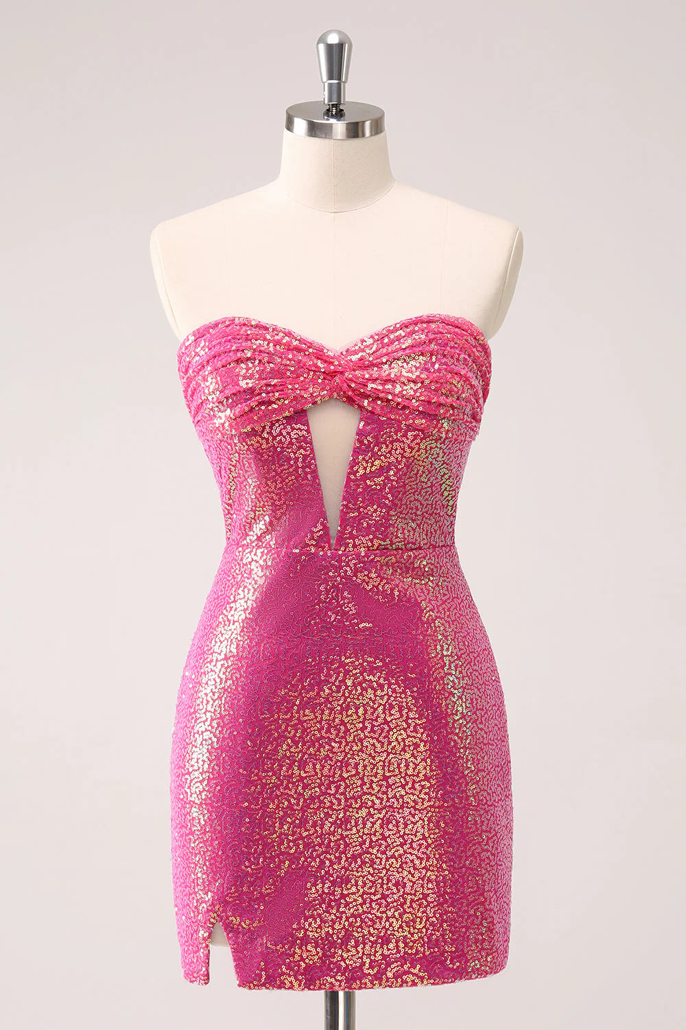 Women's Short-Sleeve DressesAmzcw Sparkly Fuchsia Bodycon Strapless Hollow Out Sequins Short Homecoming Dress with Slit