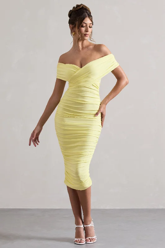 Women's Mini DressesUnwrapped | Lemon Ruched Twist Bardot Midi Dress