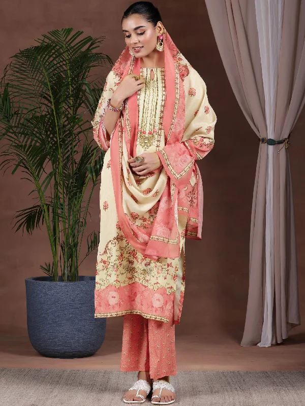 Women's Jumpsuits with Square CollarBeige Printed Poly Crepe Straight Suit With Dupatta