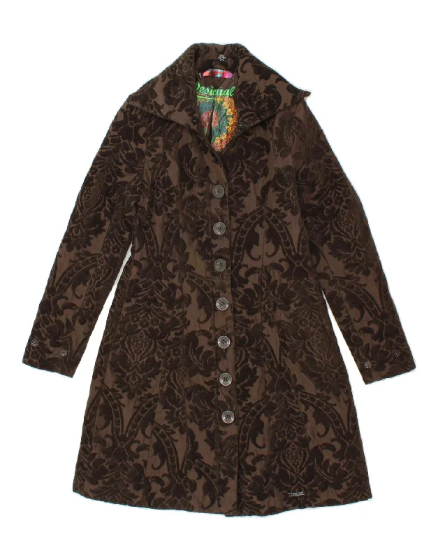 Women's Coats with Fur Trimmed ButtonsDESIGUAL Womens Abstract Pattern Overcoat EU 38 Medium Brown Polyester