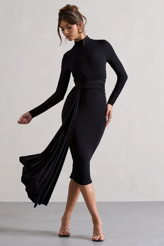 Women's Sheath DressesNikita | Black High-Neck Midi Dress With Drape