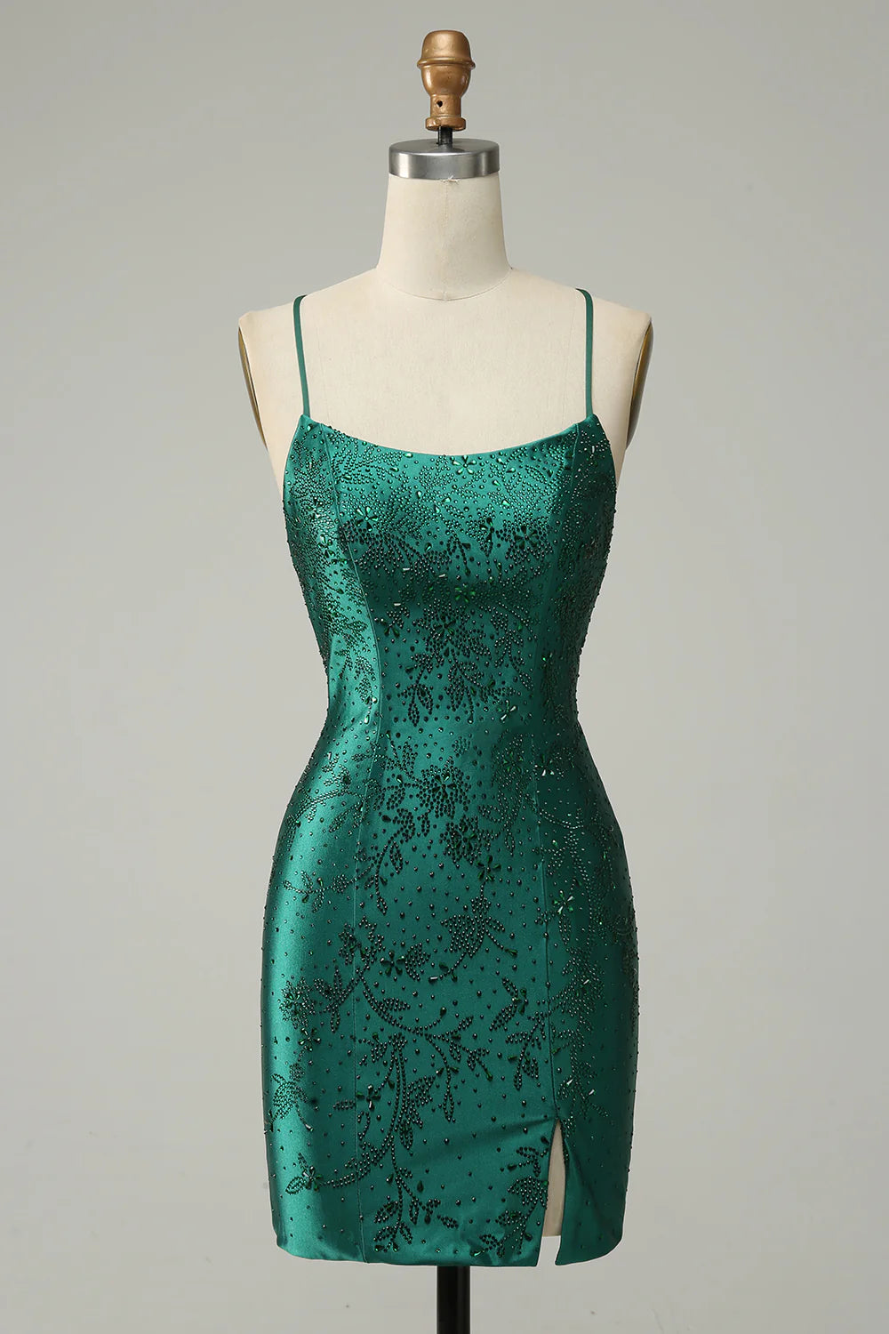 Women's Collarless DressesDark Green Beaded Bodycon Homecoming Dress With Criss Cross Back