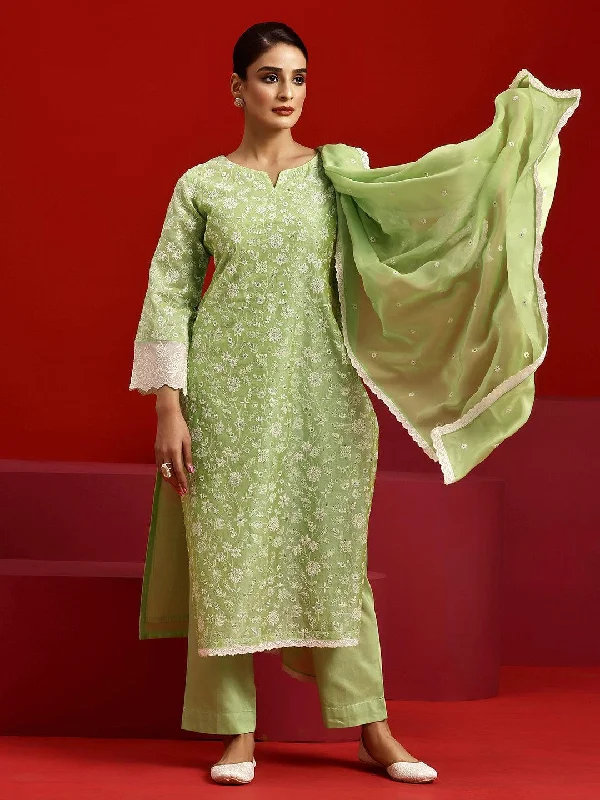 Women's Jumpsuits with Capri LengthLibas Art Green Embroidered Chanderi Silk Straight Suit With Dupatta