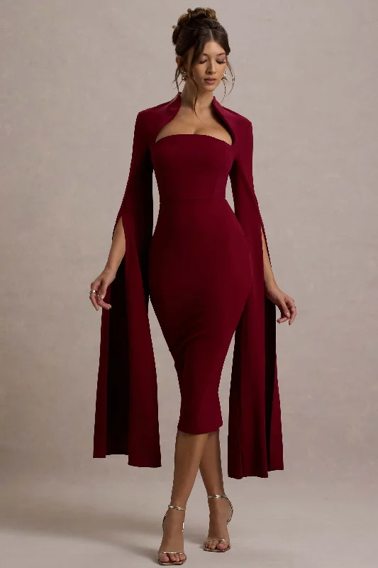 Women's U-Shaped Collar DressesLinden | Berry Bodycon Cape-Sleeve Midi Dress