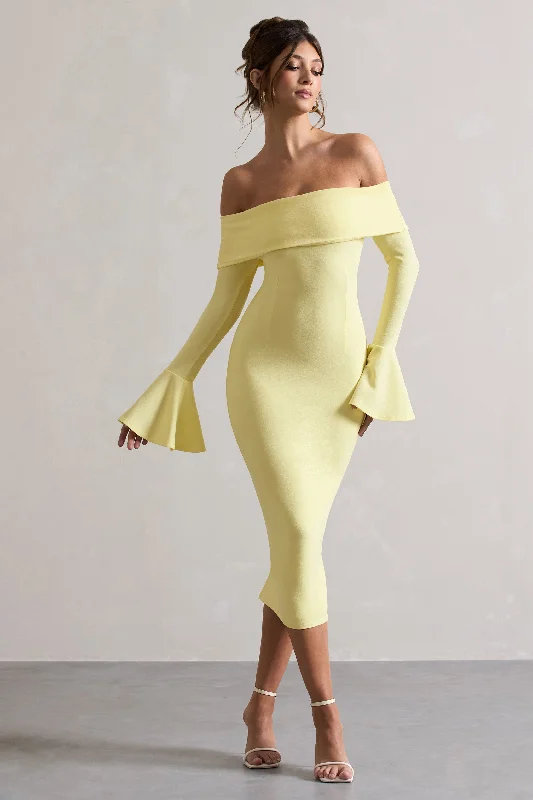 Women's Strapless DressesEmma | Lemon Bardot Flared-Sleeve Midi Dress