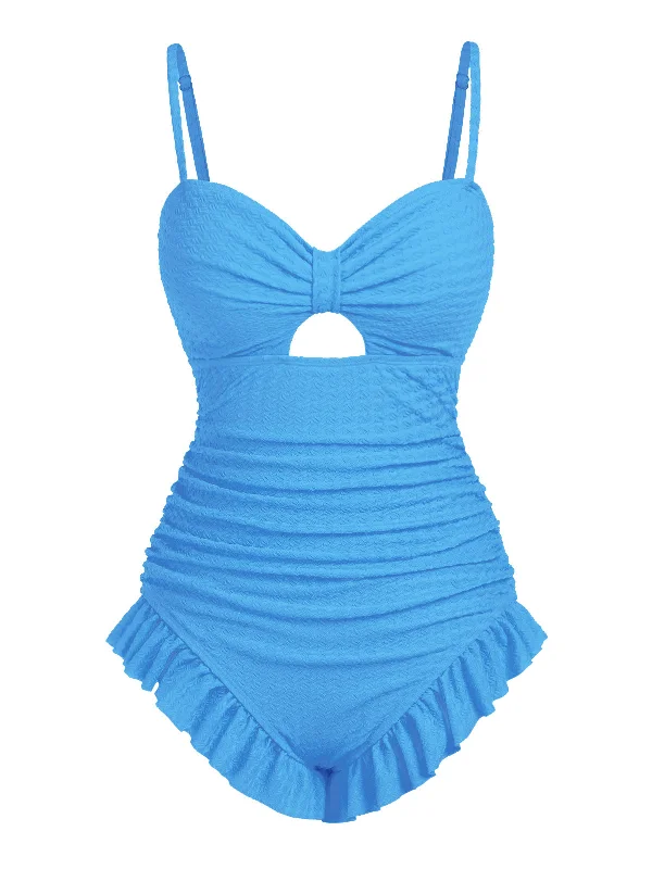 Blue 1950s Solid Ruched Swimsuit