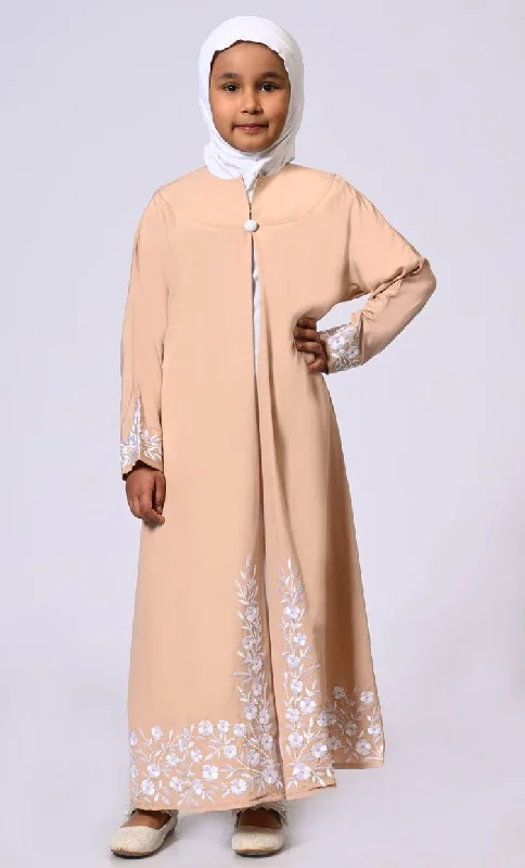 Women's Hooded Sweatshirts with Moisture-Wicking FabricElegant Ensemble: Girls' Sand Double Layered Embroidered Abaya with Belt