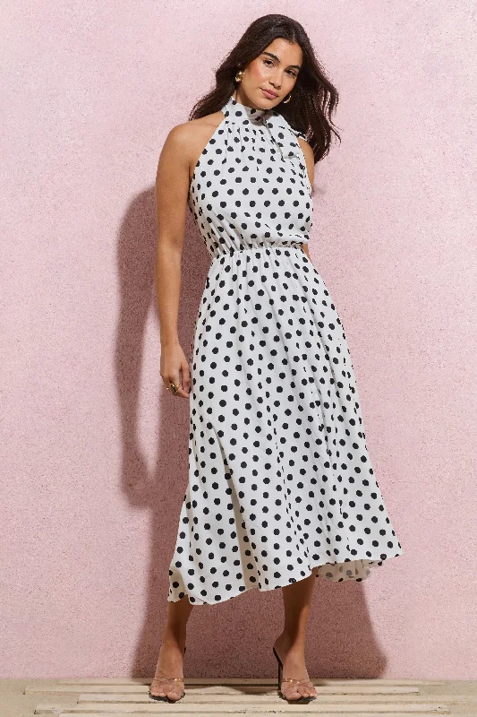 Women's Low-Neck DressesWinona | White Polka Dot High-Neck Split Midi Dress With Bow