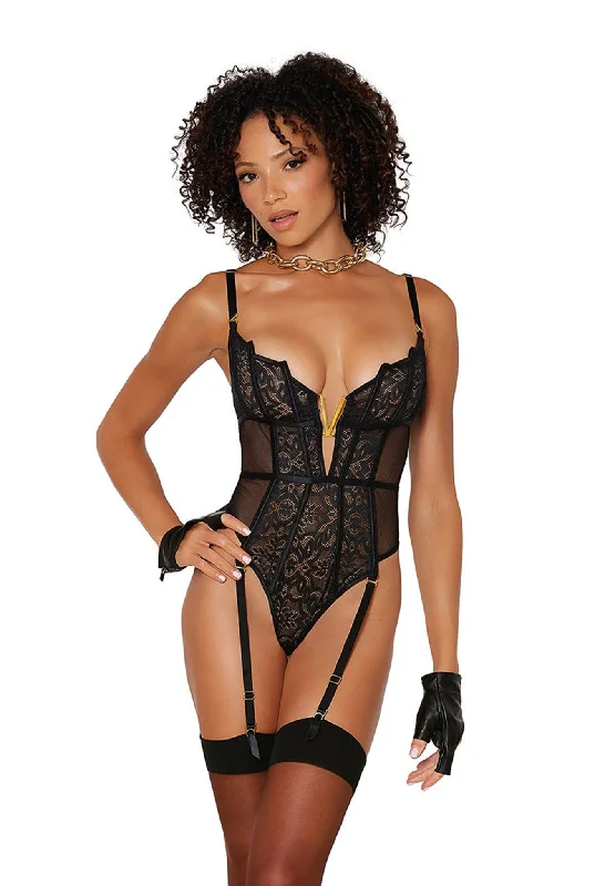 high-waisted shapewear with silicone strips for gripStretch lace and fishnet garter teddy