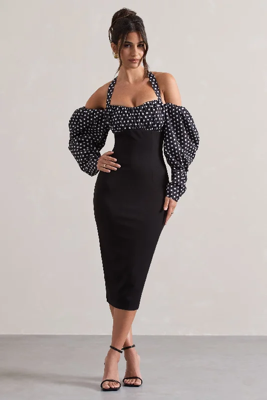 Women's Short-Sleeve DressesCouture Client | Black & White Polka Dot Halter-Neck Puff Sleeve Midi Dress