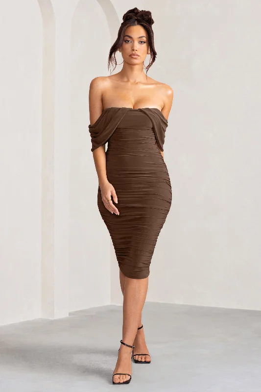 Women's Low Collar DressesLove Me | Chocolate Off The Shoulders Ruched Midi Dress