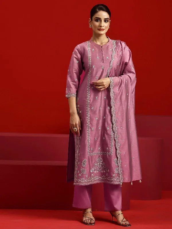 Women's Jumpsuits with High WaistLibas Art Mauve Embroidered Chanderi Silk Straight Suit With Dupatta