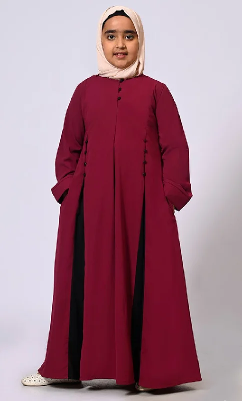 Women's Hooded Sweatshirts with Heavyweight FabricPleated Perfection: Girl's Maroon Abaya with Box Pleats & Side Pockets