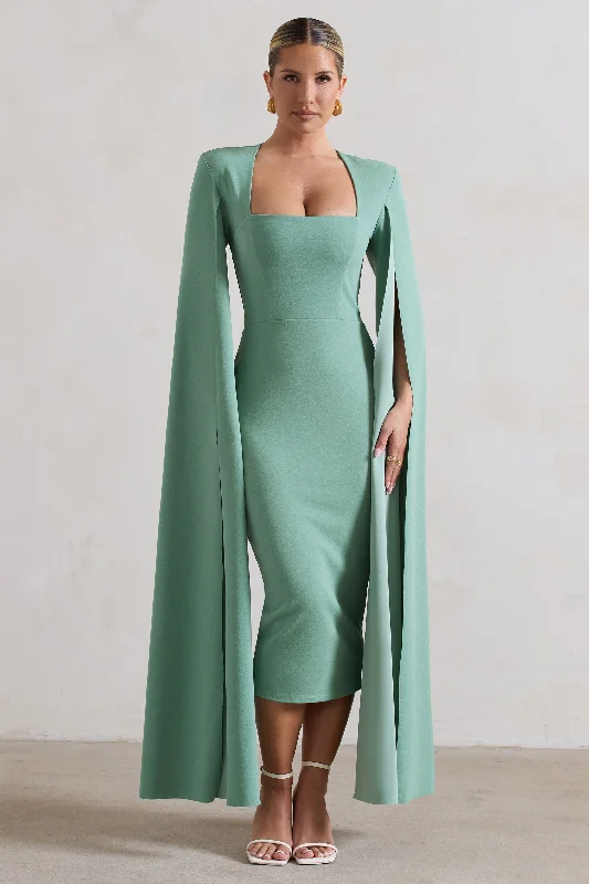 Women's High Collar DressesNo Replacement | Sage Green Square-Neck Cape-Sleeve Midi Dress