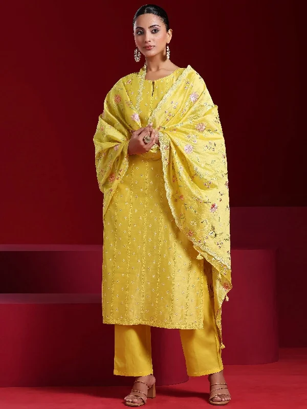 Women's Jumpsuits with CollarLibas Art Yellow Embroidered Chanderi Silk Straight Suit With Dupatta