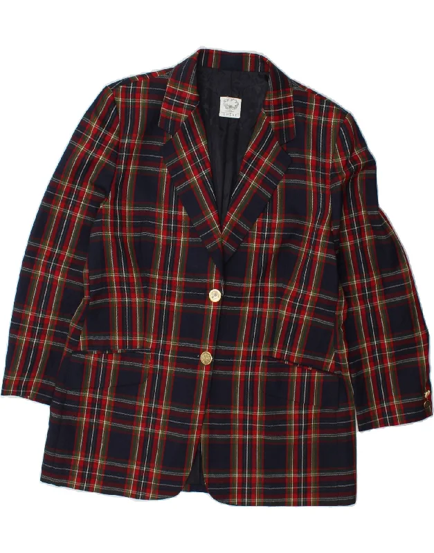 Women's Coats with ZipperVINTAGE Womens 2 Button Blazer Jacket IT 46 Large Navy Blue Check