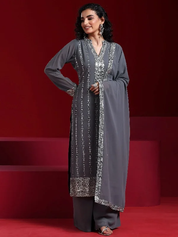 Women's Jumpsuits with V-Shaped CollarGrey Embroidered Georgette Straight Suit With Dupatta