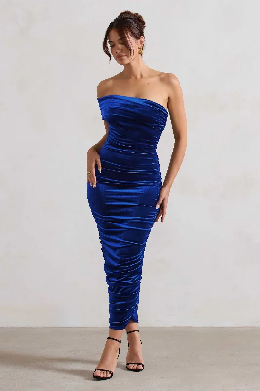 Women's Mandarin Collar DressesRemember Me | Cobalt Blue Velvet Ruched Asymmetric Bodycon Midi Dress