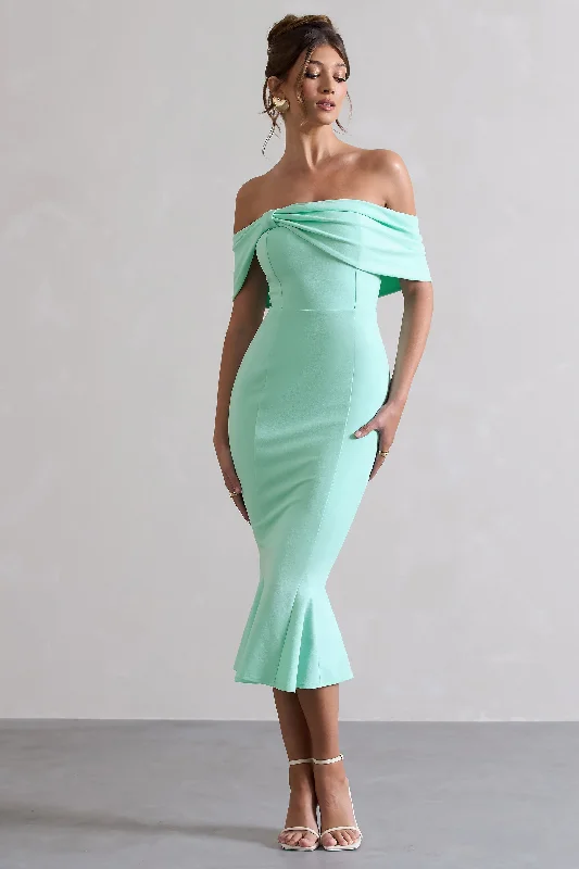 Women's Wide Collar DressesLydia | Mint Bardot Bow Detail Midi Dress