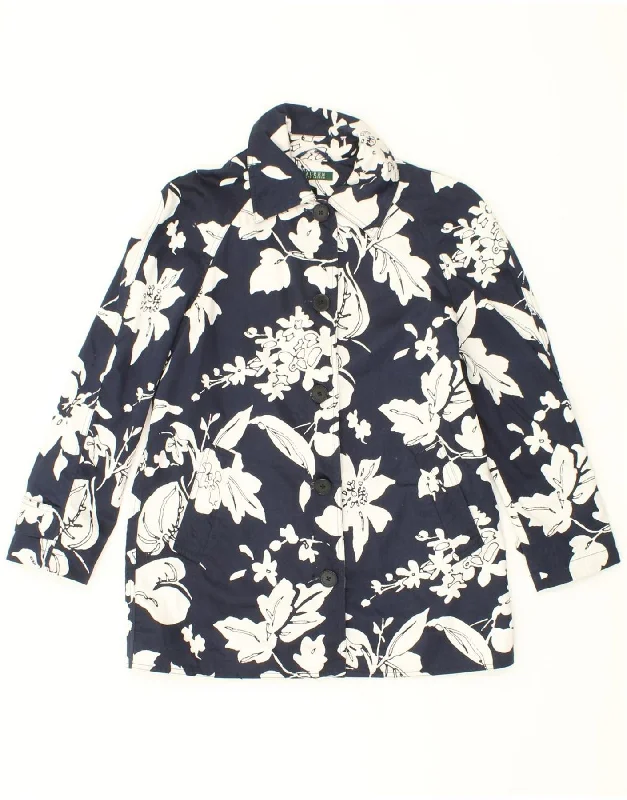 Women's Coats with Fur Trimmed PocketsRALPH LAUREN Womens Oversized Overcoat UK 10 Small Navy Blue Floral Cotton