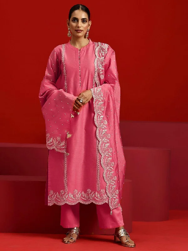 Women's Jumpsuits with Tapered LegLibas Art Coral Embroidered Chanderi Silk Straight Suit With Dupatta