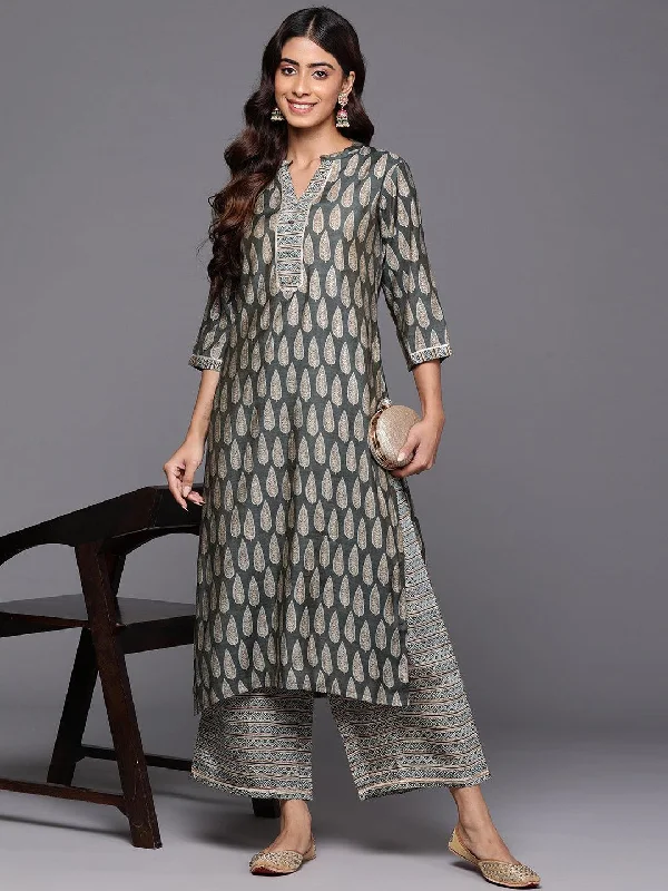 Women's Jumpsuits with Boat CollarOlive Printed Silk Blend Straight Kurta Set