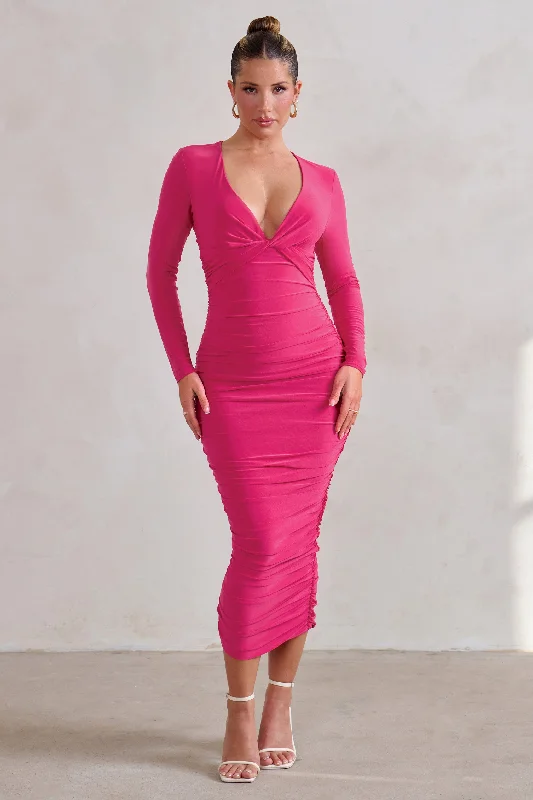 Women's High Collar DressesRenee | Hot Pink Plunge Twist Neckline Long Sleeve Ruched Midi Dress