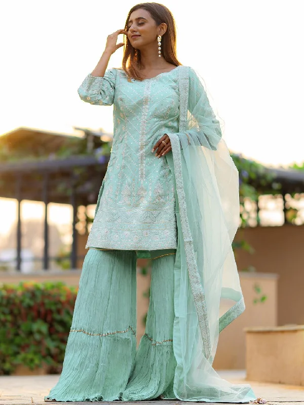 Women's Jumpsuits with Square CollarLibas Art Sea Green Embroidered Silk Straight Suit Set