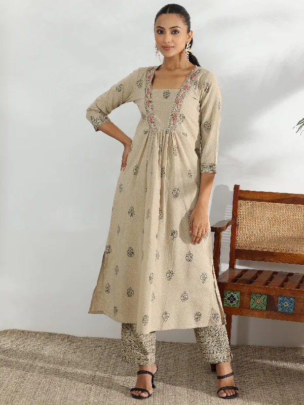 Women's Jumpsuits with Notched CollarBeige Printed Cotton Blend A-Line Kurta With Trousers