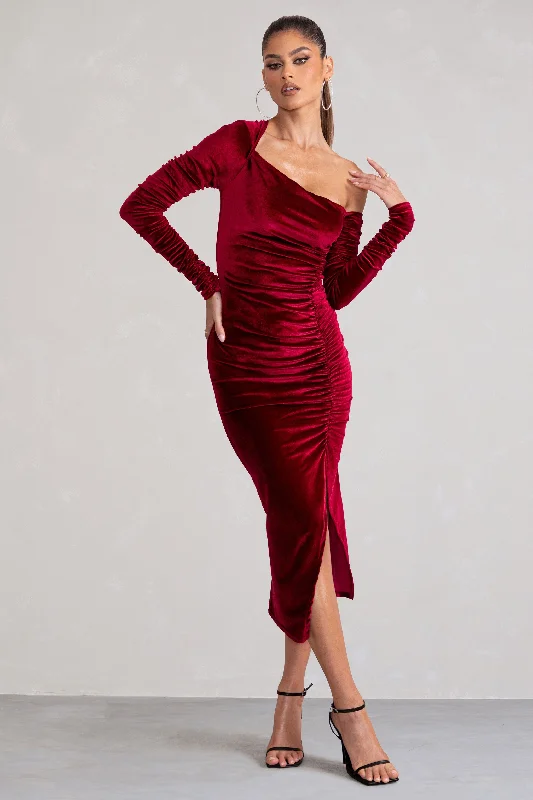 Women's Sweetheart Collar DressesAgustina | Berry Velvet Asymmetric Neckline Midi Dress With Long Sleeves