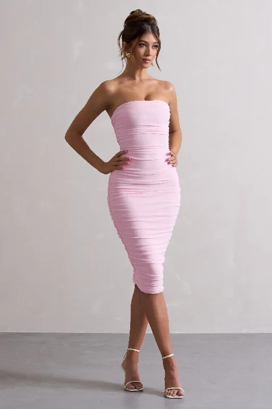 Women's V-Back DressesMy Girl | Pink Strapless Bodycon Ruched Mesh Midi Dress