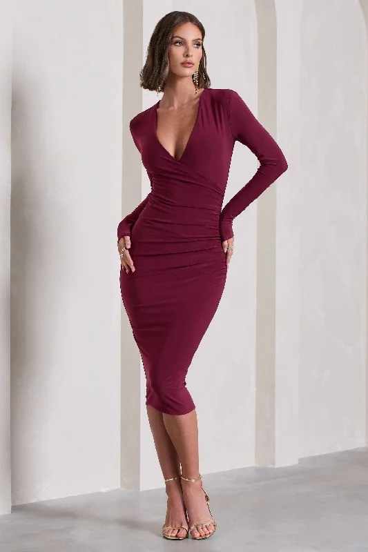 Women's Fit and Flare DressesMarcia | Burgundy Bodycon Plunge-Neck Midi Dress