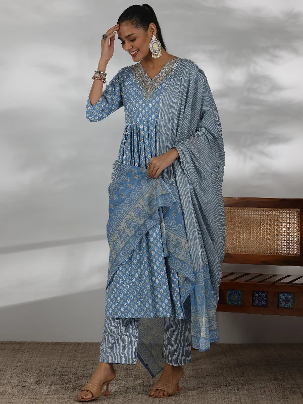 Women's Jumpsuits with Square CollarBlue Printed Cotton Anarkali Suit With Dupatta