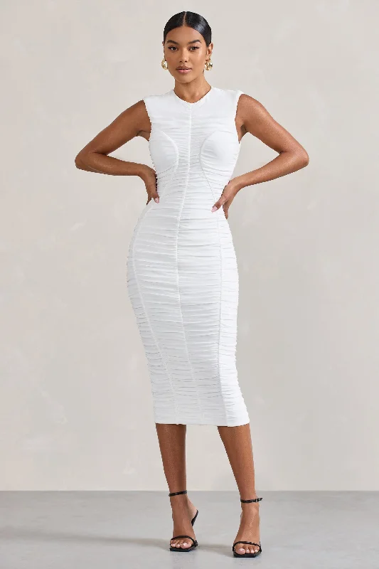 Women's Narrow-Neck DressesAlight  | White Ruched Mesh Sleeveless Bodycon Midi Dress