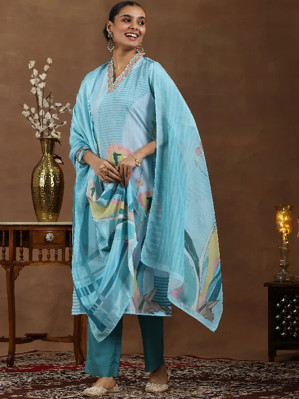 Women's Jumpsuits with Wide CollarTurquoise Printed Cotton Blend Straight Suit With Dupatta