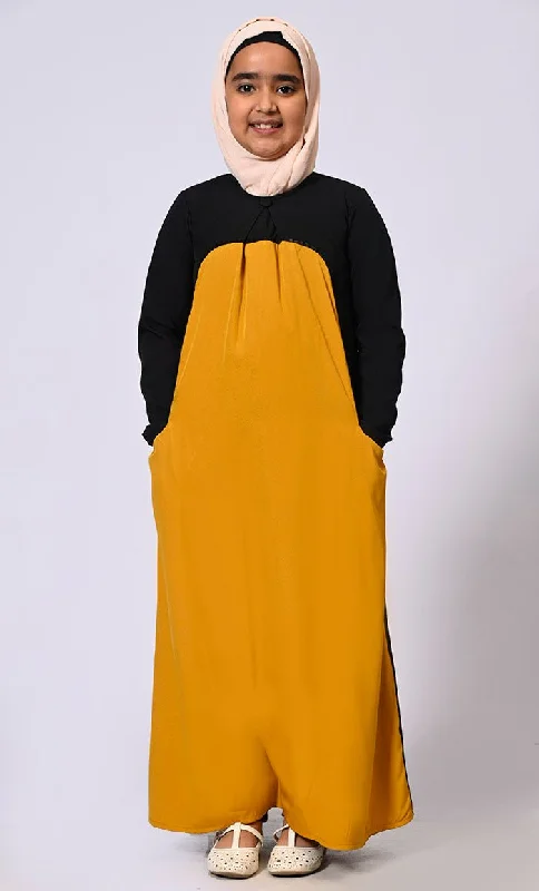 Women's Hooded Sweatshirts with Low WaistGirl's Mustard Abaya with Inverted Box Pleat and Contrasting Yoke Panel