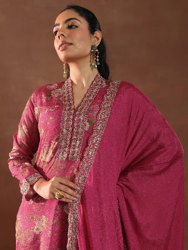 Women's Jumpsuits with Low WaistPink Printed Silk Blend Straight Suit With Dupatta