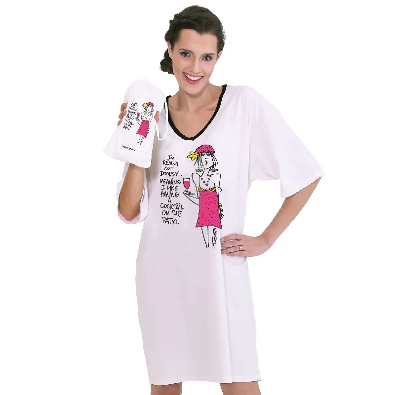 women's pajamas with hidden pockets"I'm Really Out Doorsy.....I like a Cocktail on the Patio"   Nightshirt in a Bag