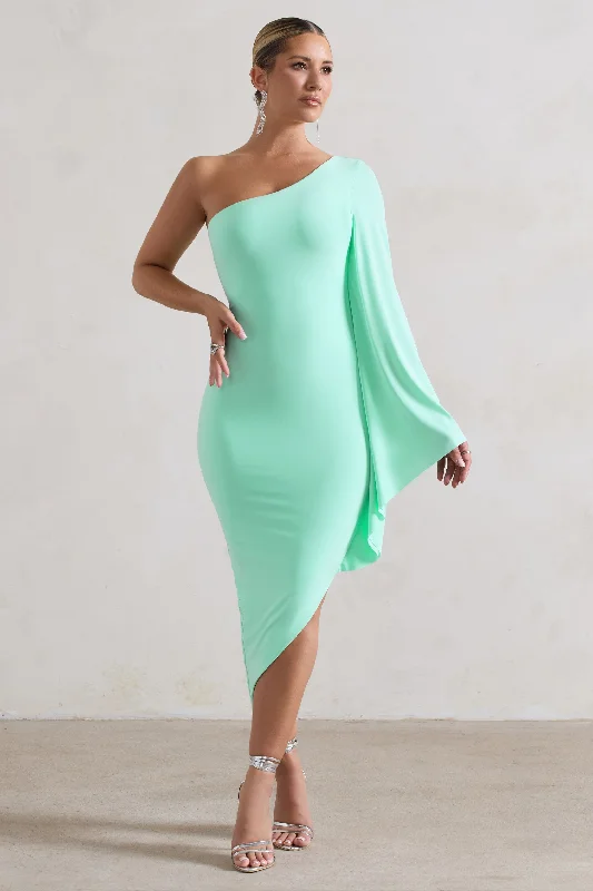 Women's Sweetheart Collar DressesMy Level | Mint Asymmetric One Shoulder Cape Sleeve Midi Dress