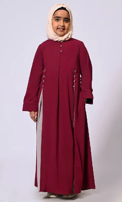 Women's Hooded Sweatshirts with Stretch WaistPleated Perfection: Girl's Maroon Abaya with buttons detailing & Side Pockets