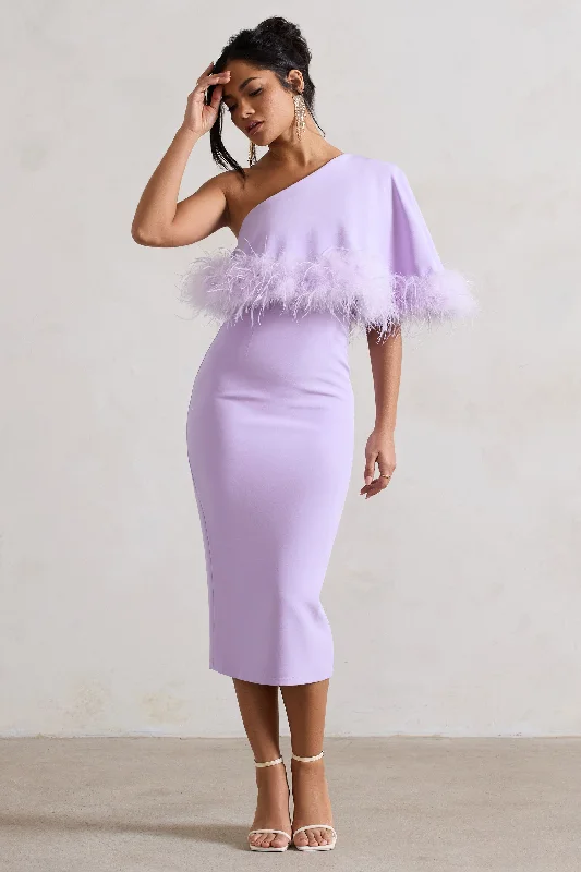 Women's Fit and Flare DressesVictory | Lilac One Shoulder Midi Dress With Feather Trim