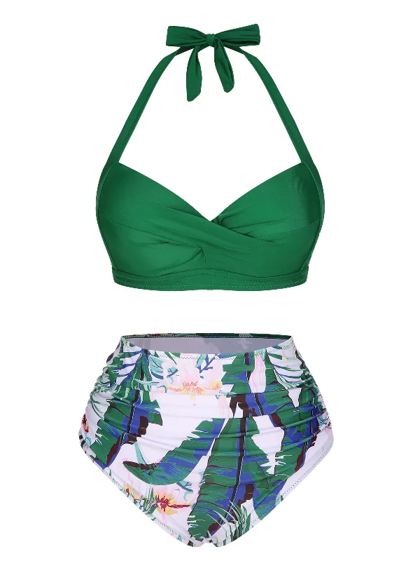 Green 1930s Halter Tropical Plants Swimsuit