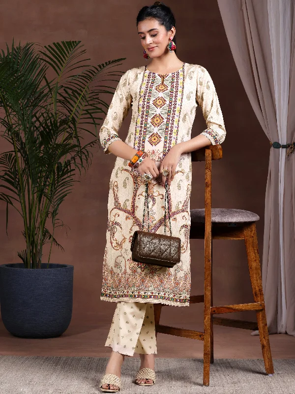 Women's Jumpsuits with Wide CollarBeige Printed Poly Crepe Straight Kurta Set