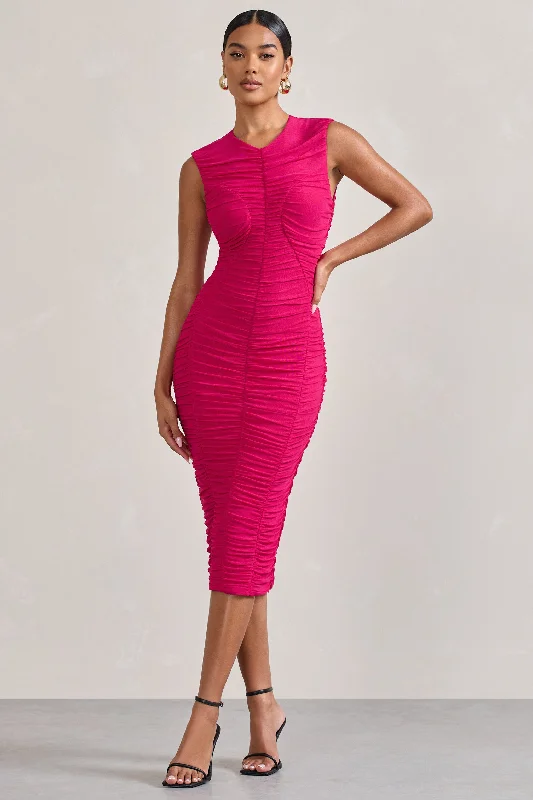 Women's Bell-Sleeve DressesAlight | Fuchsia Pink Ruched Mesh Sleeveless Bodycon Midi Dress