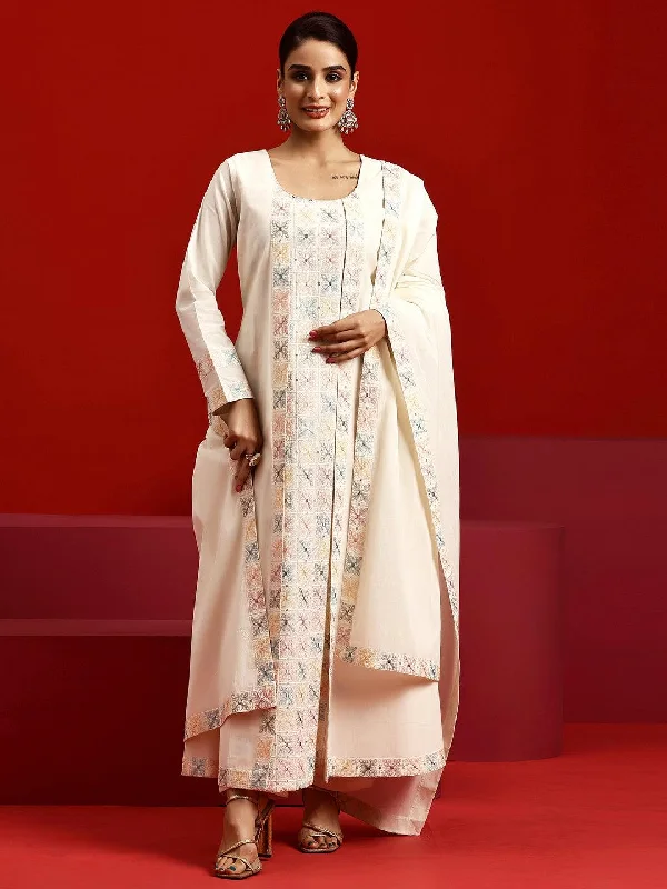 Women's Jumpsuits with Sweetheart CollarLibas Art Off White Embroidered Cotton A-Line Kurta With Trousers & Dupatta