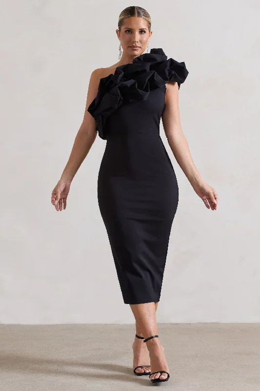 Women's Narrow Collar DressesOrchestra | Black One Shoulder Ruffled Midi Dress